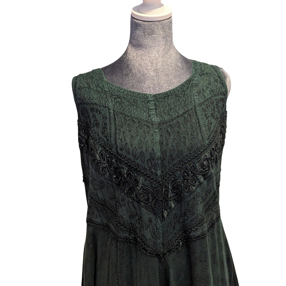 HolyClothing Forest Green Embroidered Handkerchief Hem Midi Dress XL/1X Boho